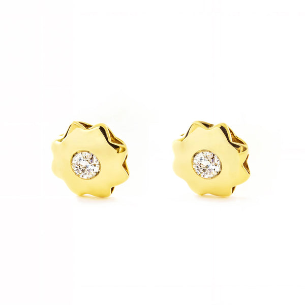 Boucles d'Oreilles Bebe Enfant Fleur Zircone Or Jaune 9 Carats