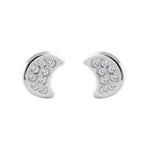 Boucles d'Oreilles Bebe Fille Enfant Lune Zircone Or Blanc 9 Carats