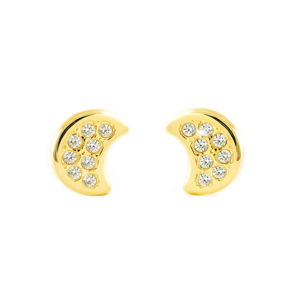 Boucles d'Oreilles Bebe Fille Enfant Lune Zircone Or Jaune 9 Carats