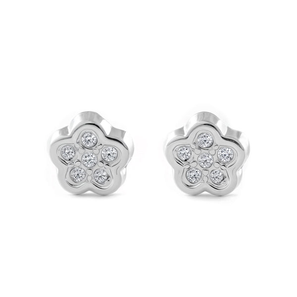 Boucles d'Oreilles Bebe Fille Enfant Fleur Zircone Or Blanc 9 Carats