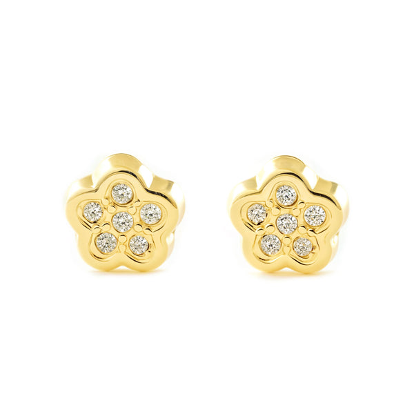 Boucles d'Oreilles Bebe Fille Enfant Fleur Zircone Or Jaune 9 Carats