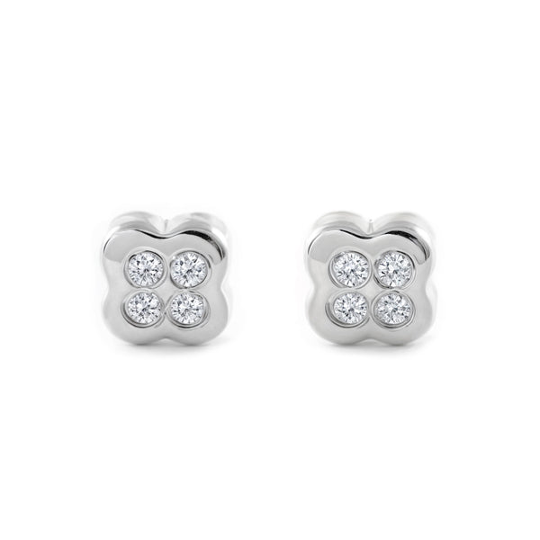 Boucles d'Oreilles Bebe Enfant Fleur Zircone Or Blanc 18 Carats