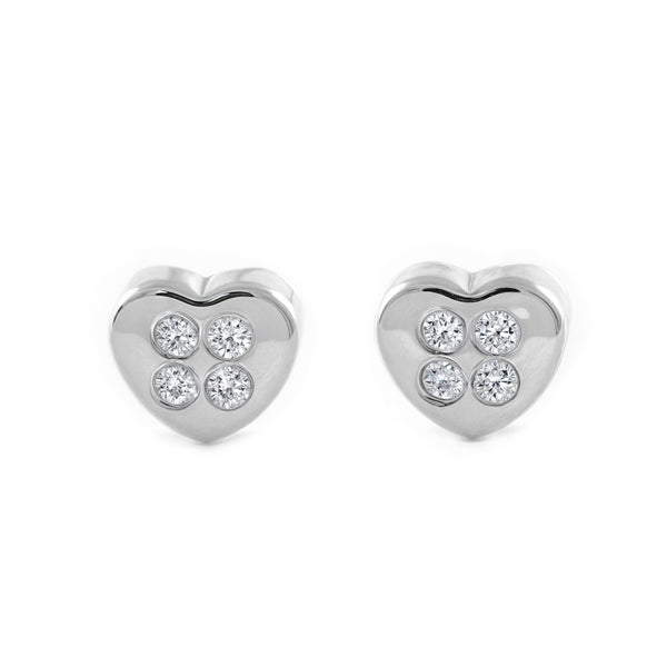 Boucles d'Oreilles Bebe Fille Enfant Cœur Zircone Or Blanc 18 Carats