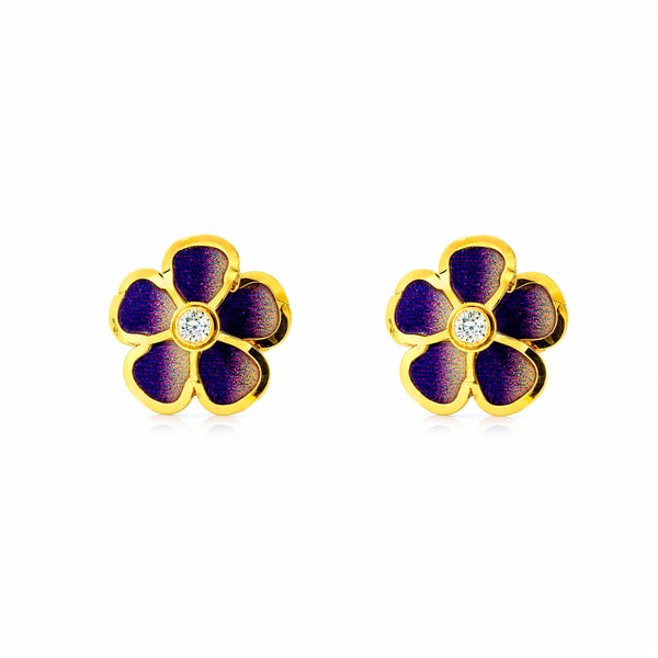 Boucles d'oreilles fille or jaune 9 carats fleur émaillée violette avec zircon brillant