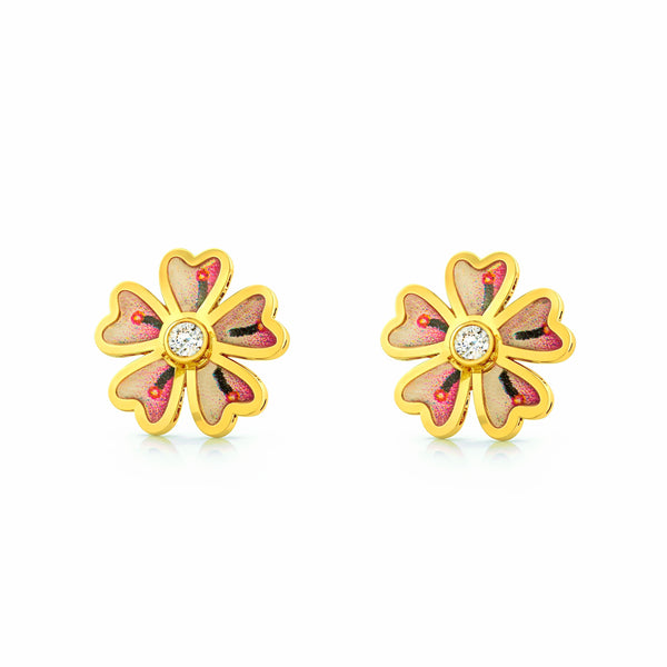 Boucles d'oreilles fille or jaune 9 carats fleur émaillée multicolore avec zircon brillant