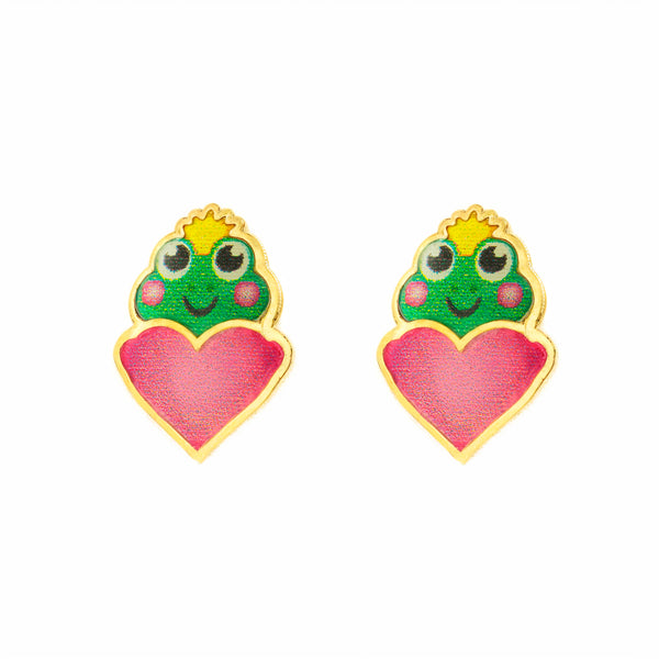 Boucles d'oreilles fille or jaune 9 carats grenouille émaillée multicolore brillante