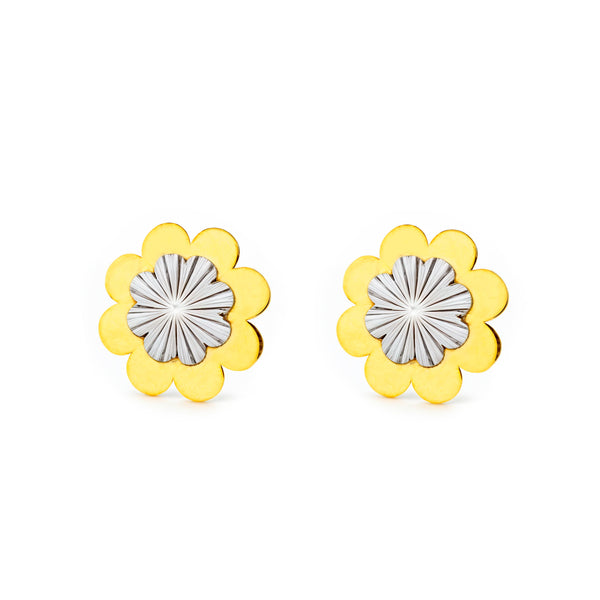 Boucles d'Oreilles Enfant Fleur Texturée Or Bicolore 9 Carats
