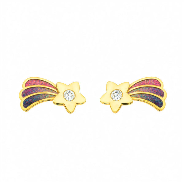 Boucles d'oreilles fille or jaune 9 carats étoile émaillée multicolore brillante