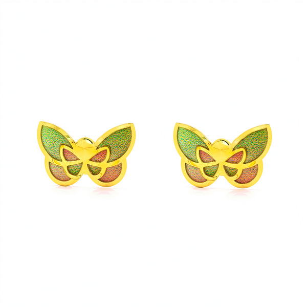 Boucles d'oreilles pour fille or jaune 9 carats papillon émaillé multicolore brillant