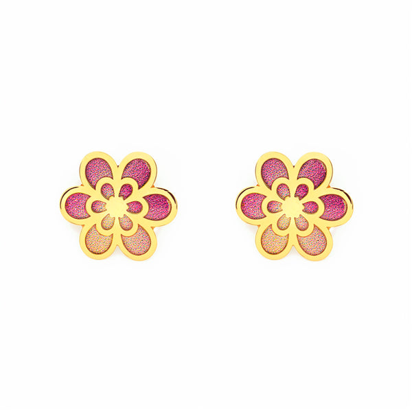 Boucles d'oreilles fille or jaune 9 carats fleur émaillée multicolore brillante