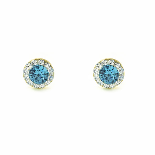 Boucles d'Oreilles Femme Enfant Or Jaune 9 Carats Rond Zircone et Aigue-Marine Brillant