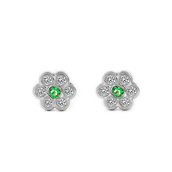 Boucles d'Oreilles Enfant Or Blanc 18 Carats Fleur Zircone et Émeraude Synthétique Brillant