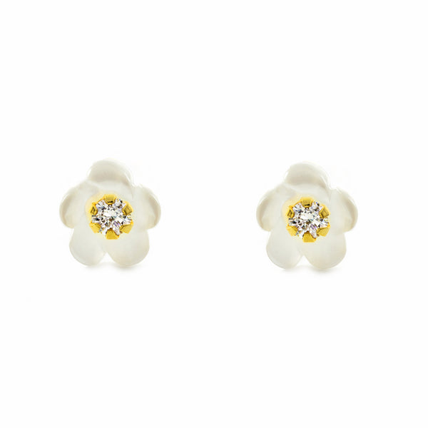 Boucles d'Oreilles Enfant Or Jaune 18 Carats Nacre Fleur Zircone Brillant