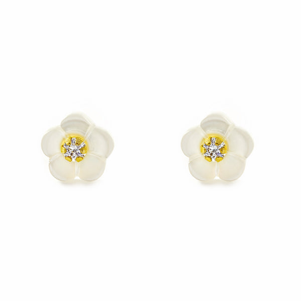 Boucles d'Oreilles Fille Enfant Or Jaune 9 Carats Nacre Fleur Zircone Brillant