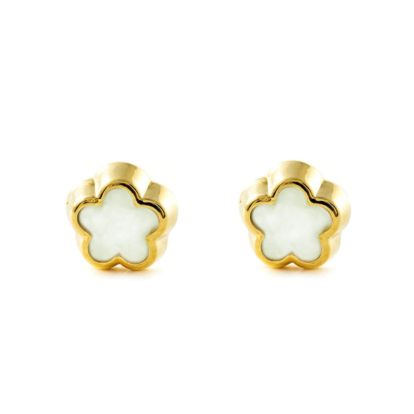 Boucles d'Oreilles Or Jaune 9 Carats Nacre Fleur Marguerite Brillant