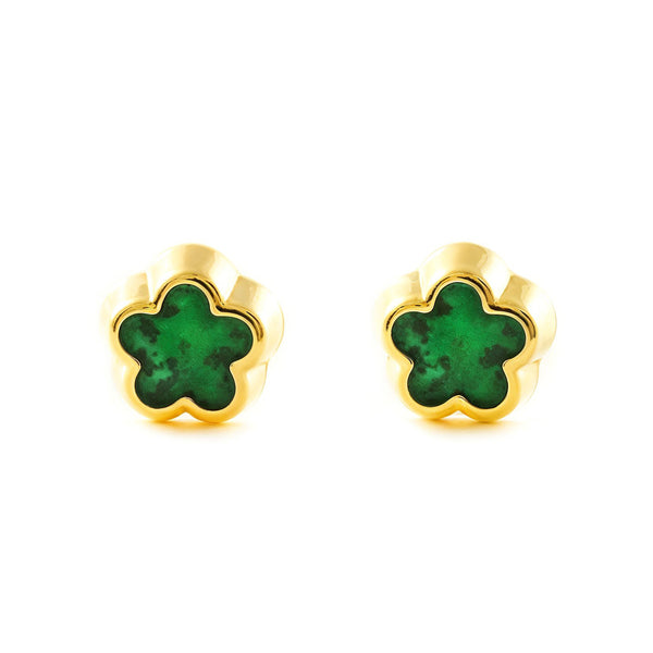 Boucles d'Oreilles Or Jaune 9 Carats Fleur Marguerite Malachite Brillant