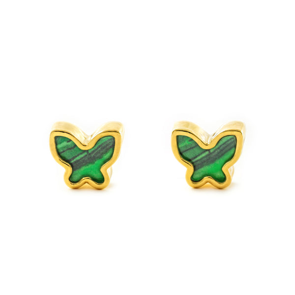 Boucles d'Oreilles Or Jaune 9 Carats Papillon Malachite Brillant