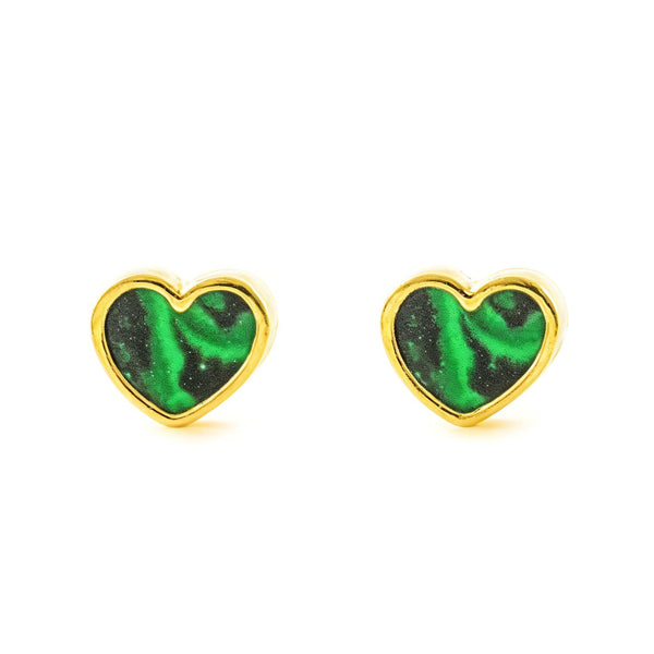 Boucles d'Oreilles Or Jaune 9 Carats Coeur Malachite Brillant