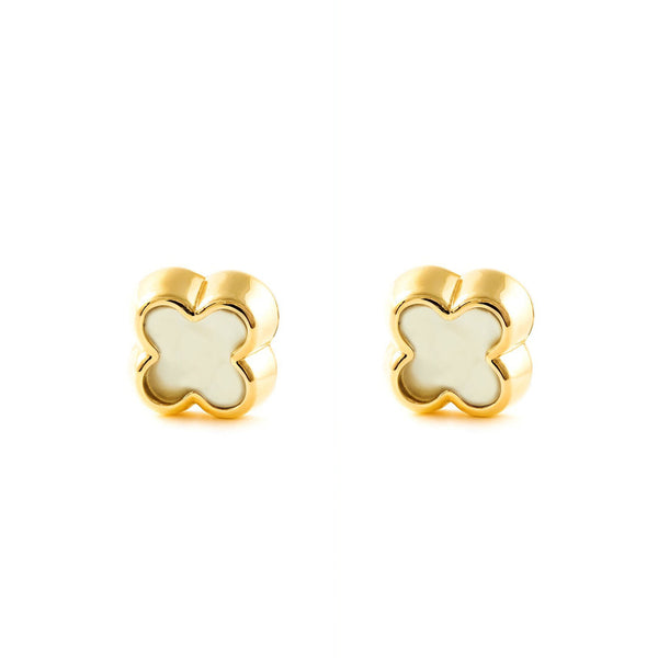 Boucles d'Oreilles Or Jaune 9 Carats Nacre Quatrefeuille Brillant