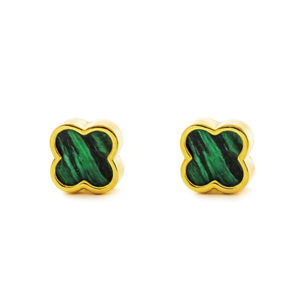 Boucles d'Oreilles Or Jaune 9 Carats Quatrefeuille Malachite Brillant