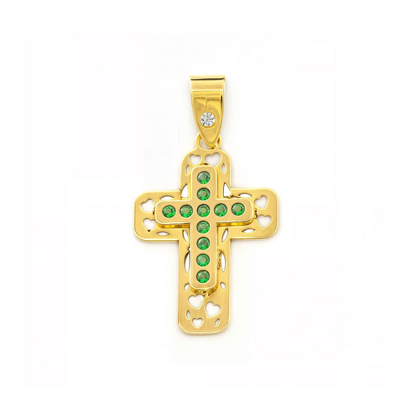 Croix Or Jaune 9 Carats Petite Rectangulaire Émeraudes Précieuses Synthétiques Brillance 16 x 11 mm