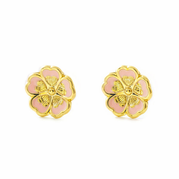 Boucles d'Oreilles Femme Enfant Fleur Émail Rose Or Jaune 9 Carats Brillant et Texturé