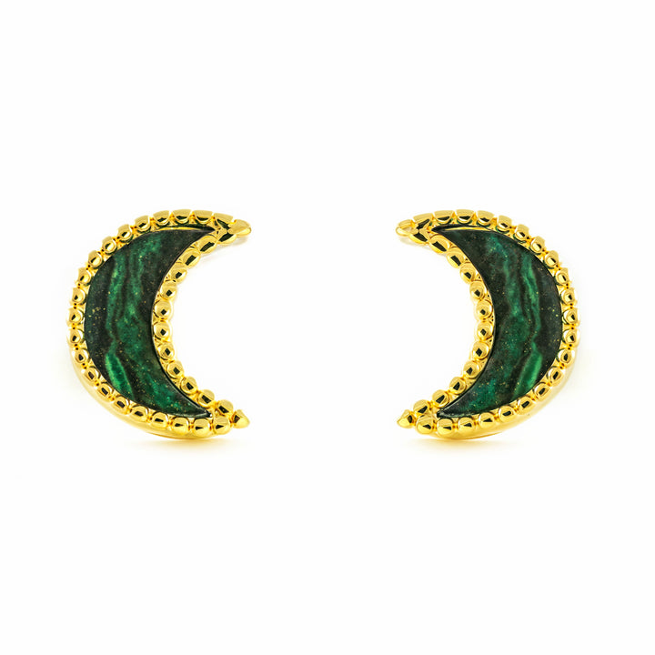 Pendientes Mujer oro Amarillo 9K Luna Piedra Malaquita Verde Brillo y Textura
