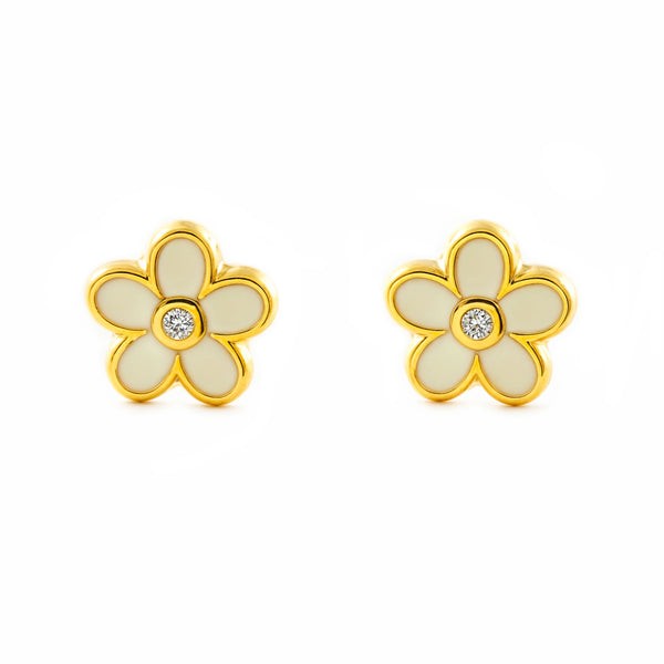 Boucles d'Oreilles Fille Enfant Or Jaune 9 Carats Fleur Émail Blanc Brillant