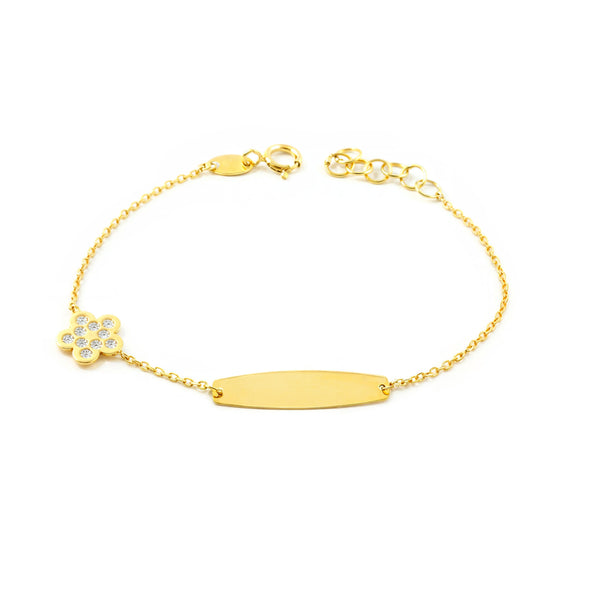 Bracelet Enfant Or Jaune 9K Personnalisé Esclave Fleur Marguerite Zircon Brillant 14 cm