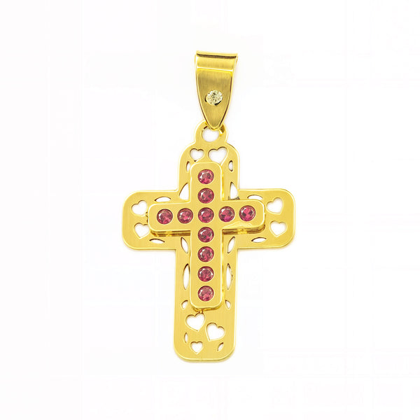 Croix Or Jaune 9 Carats Rectangulaire Rubis Précieux Synthétiques Brillance 22 x 15 mm