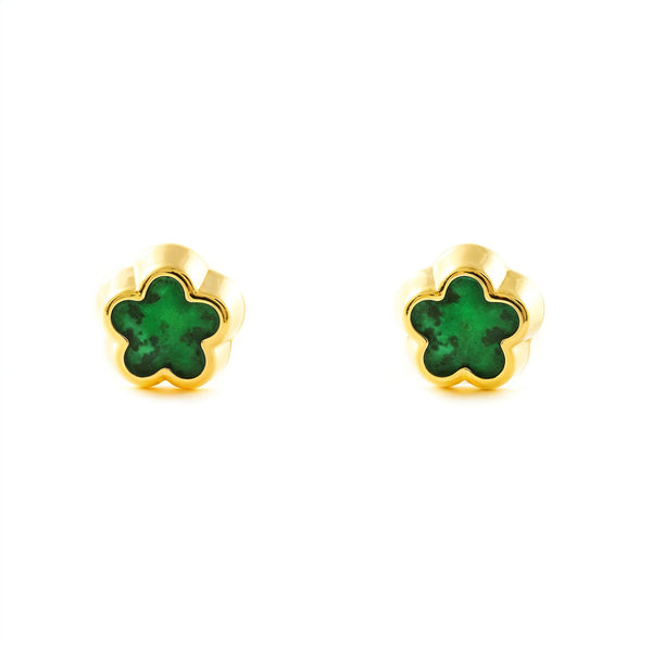 Boucles d'Oreilles Or Jaune 9 Carats Fleur Marguerite Malachite Brillant