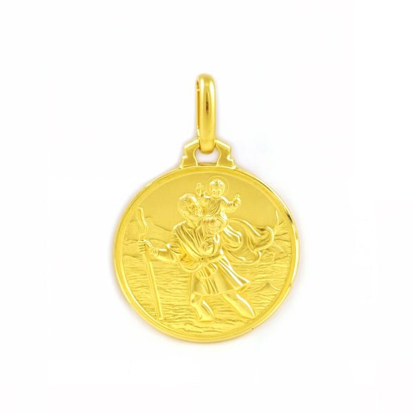 Médaille Fille Femme Or Jaune 18K Ronde San Cristobal 14 mm Mate et Brillant