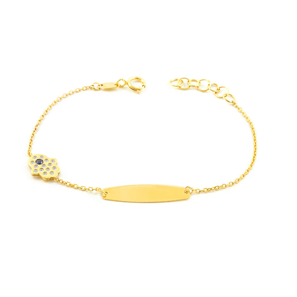 Bracelet Enfant Or Jaune 9 Carats Personnalisé Esclave Main Fatima Zircone Brillant 14 cm