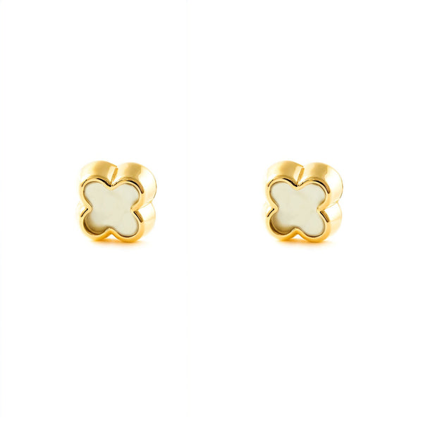 Boucles d'Oreilles Or Jaune 9 Carats Nacre Quatrefeuille Brillant