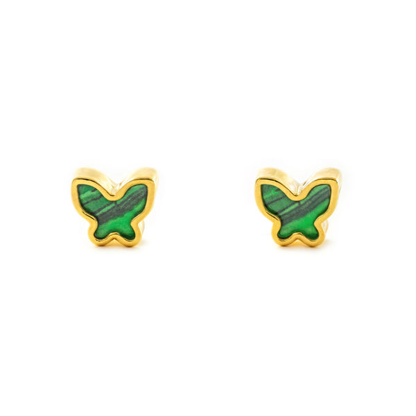 Boucles d'Oreilles Or Jaune 9 Carats Papillon Malachite Brillant
