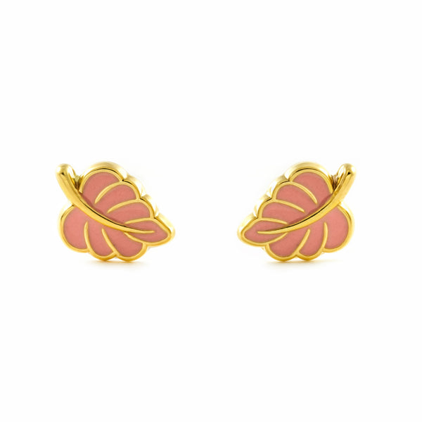 Boucles d'Oreilles Fille Enfant Feuille Émail Rose Brillant Or Jaune 9 Carats