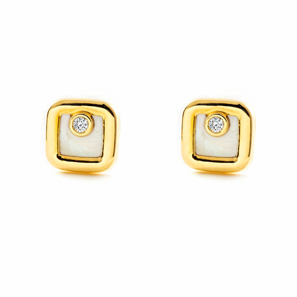 Boucles d'Oreilles Enfant Or Jaune 9 Carats Nacre Carré Zircone Brillant