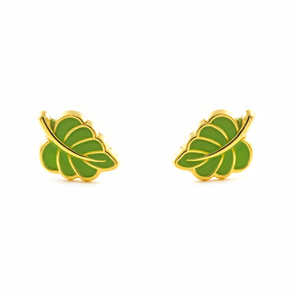 Boucles d'Oreilles Fille Enfant Or Jaune 9 Carats Feuille Émail Vert Brillant