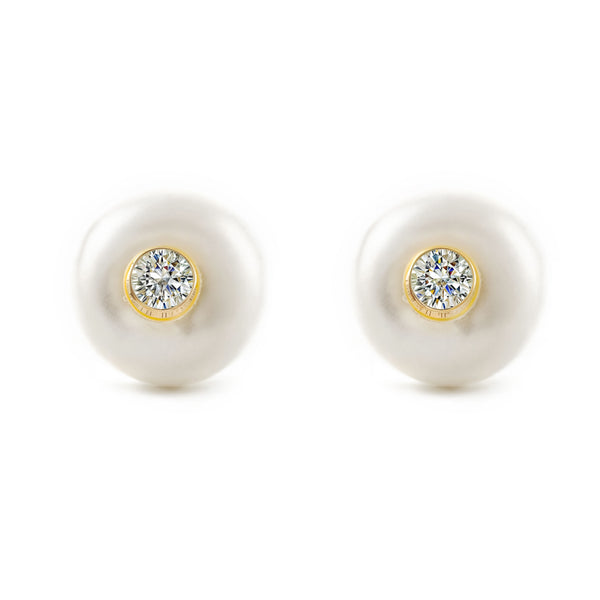 Pendientes Niña Mujer oro Amarillo 9K Redondo Perla Natural Botón Brillo