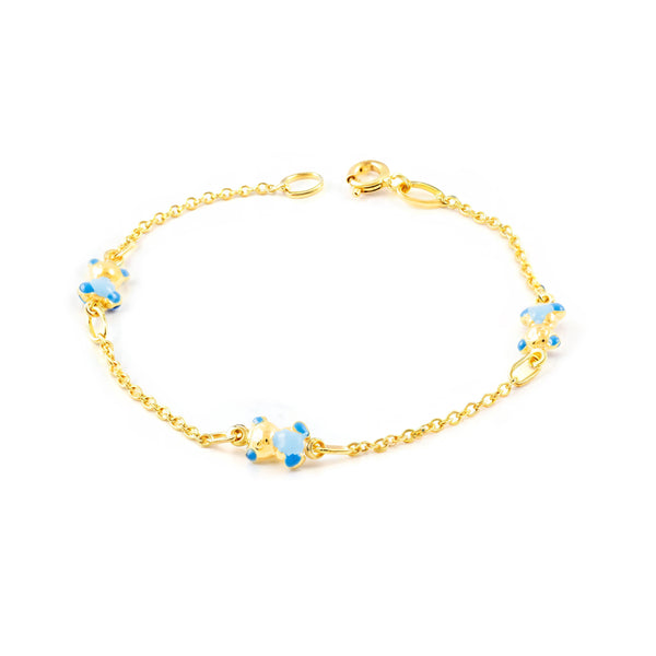 Bracelet Enfant Or Jaune 9 Carats Émail Ours Bleu Brillant 14 cm