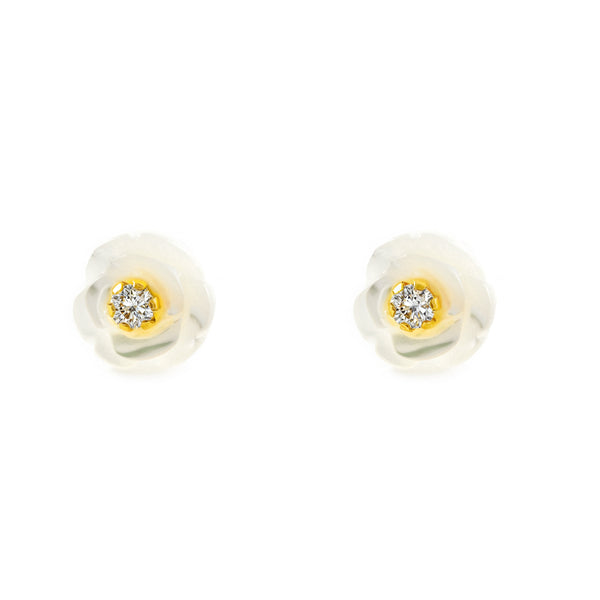 Boucles d'Oreilles Enfant Or Jaune 18 Carats Nacre Fleur Zircone Brillant