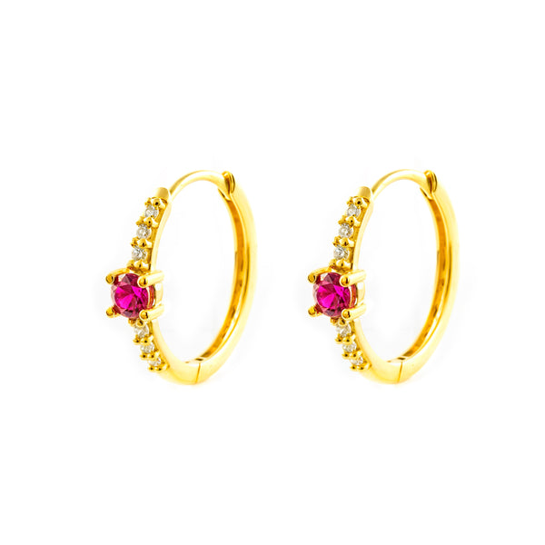 Boucles d'Oreilles Femme Or Jaune 9 Carats Ronde Créole Rubis Précieux Synthétique Brillant 14.5 x 3 mm