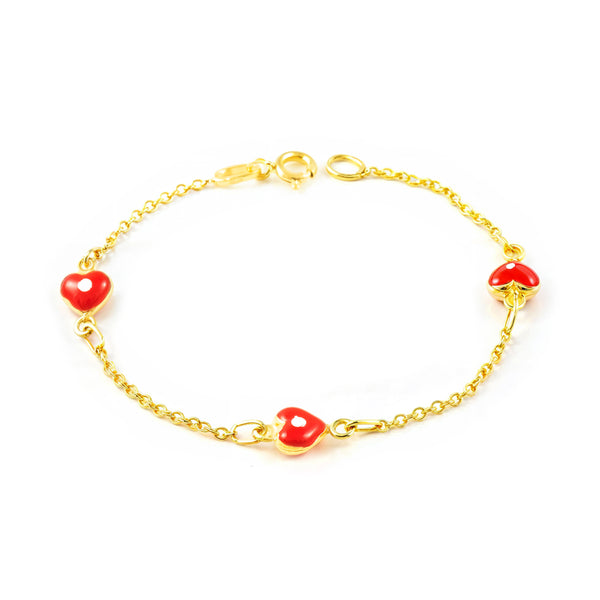 Bracelet Enfant Or Jaune 9 Carats Émail Cœur Rouge-Blanc Brillant 14 cm