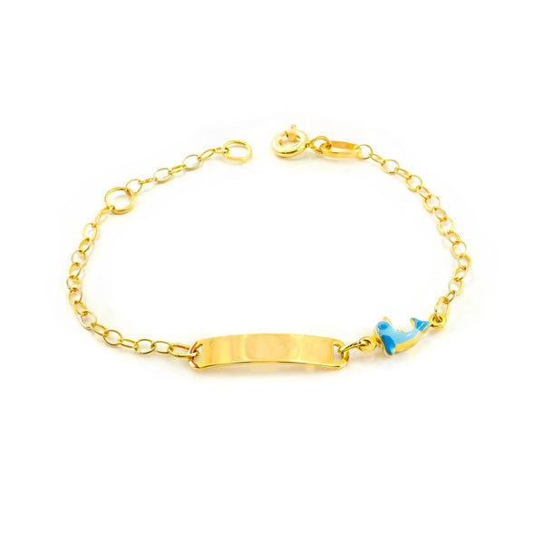 Bracelet Enfant Or Jaune 18 Carats Émail Esclavage Dauphin Bleu Brillant 14 cm