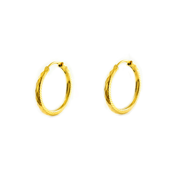 Boucles d'Oreilles Or Jaune 9 Carats Créole Ronde Sculptée 12 x 1.5 mm