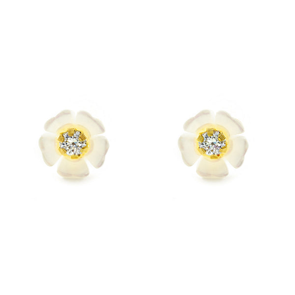 Boucles d'Oreilles Fille Enfant Or Jaune 9 Carats Nacre Fleur Zircone Brillant