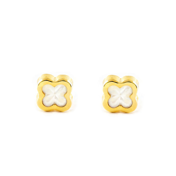 Boucles d'Oreilles Enfant Jaune Or 9 Carats Nacre Trèfle Brillant