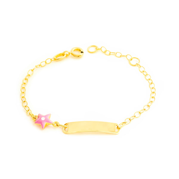 Bracelet Enfant Or Jaune 18 Carats Émail Esclavage Étoile Rose-Blanc Brillant 14 cm