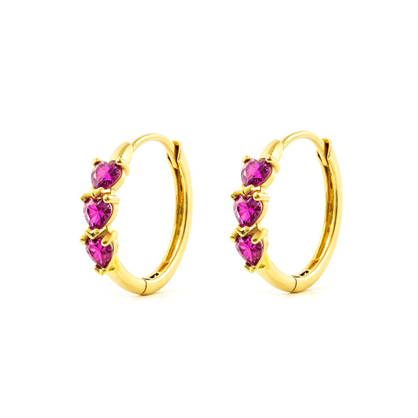 Boucles d'Oreilles Femme Or Jaune 9 Carats Créole Cercles Rubis Synthétique Coeurs Brillant 14.5 x 3 mm