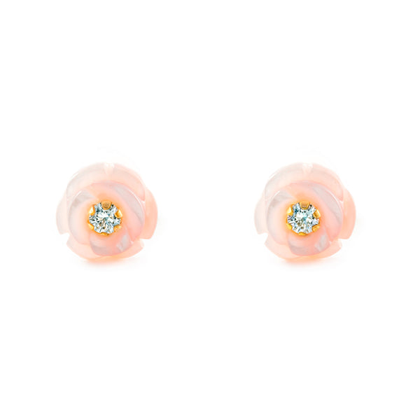 Boucles d'Oreilles Fille Enfant Or Jaune 9 Carats Nacre Fleur Zircone Brillant